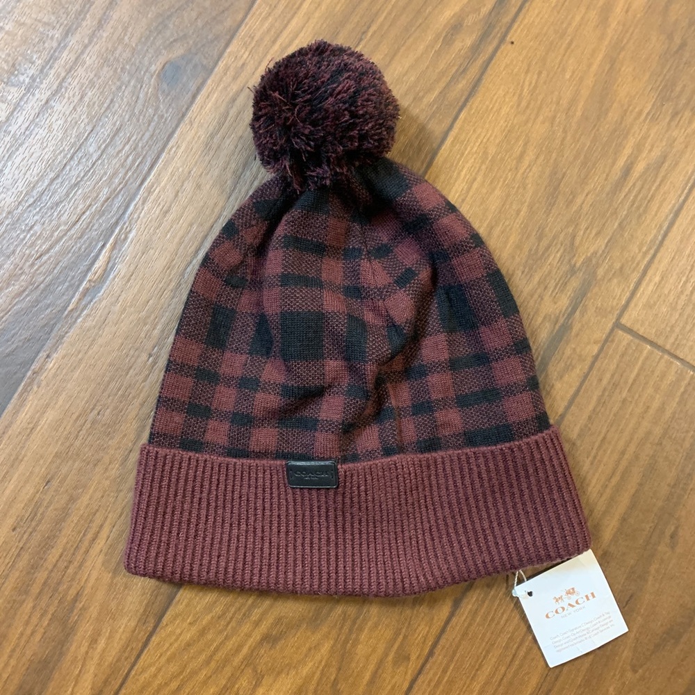 Coach Burgandy and Black Beanie Hat NWT